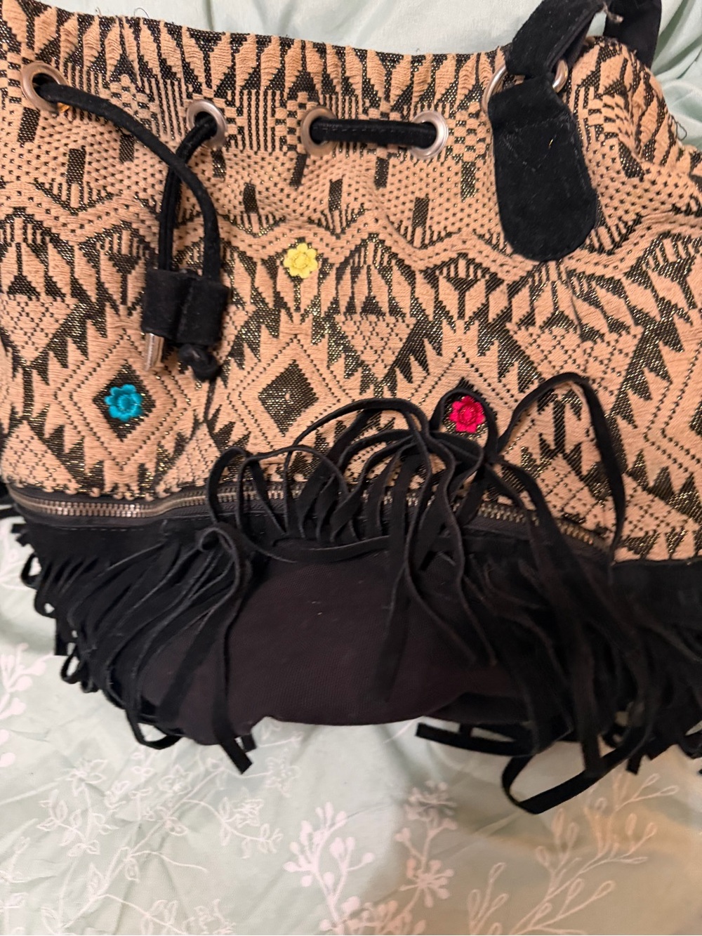 Woven Fringe Tote Bag in Tan and Black